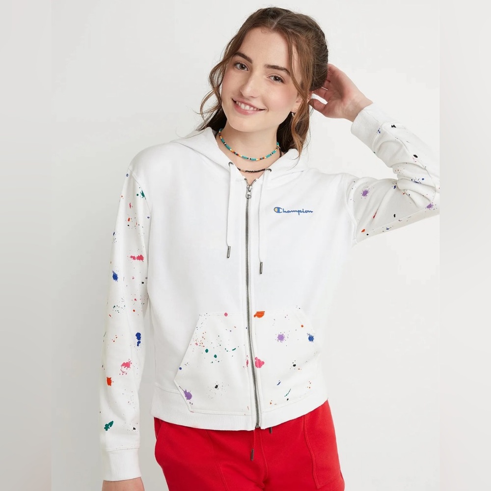CAMPUS FRENCH TERRY FULL-ZIP HOODIE, PAINT SPLATTER SIZE SMALL WHITE